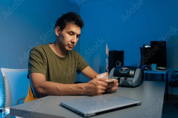 Fototapeta Focused cashier counting banknotes with money counter machine late at night in office, ensuring accuracy and balancing accounts. Concept of financial accounting in dark workplace.