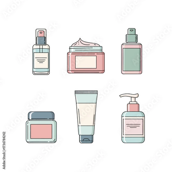Obraz Elegant skincare product collection for modern beauty routine, featuring lotion, cream, and spray bottles in pastel shades for a fresh, clean feeling aesthetic