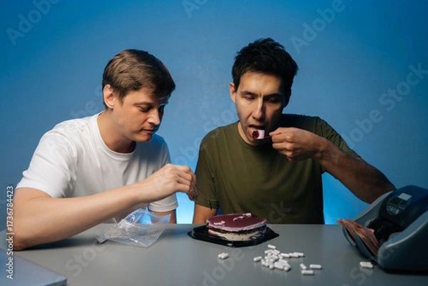 Fototapeta Two men consuming cake with scattered pills near money, depicting clandestine gathering involving illegal substances and potential criminal celebration. Concept of party with substance abuse.