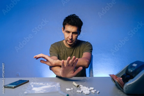 Fototapeta Portrait of tired depressed man showing stop sign with hand while refusing drugs, cocaine, pills rolled banknote, sitting at table with money counter machine, syringe on isolated blue background.