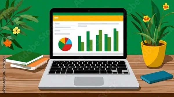 Fototapeta Laptop Data Analysis, Home Office Setup, Plants - business technology