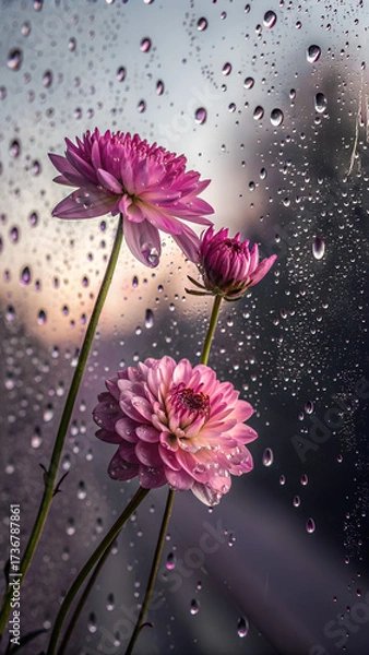Fototapeta A contemporary painting depicting two vibrant pink and purple flowers viewed through a misted glass surface. Countless water droplets cling to the glass, each acting as a tiny lens refracting and magn