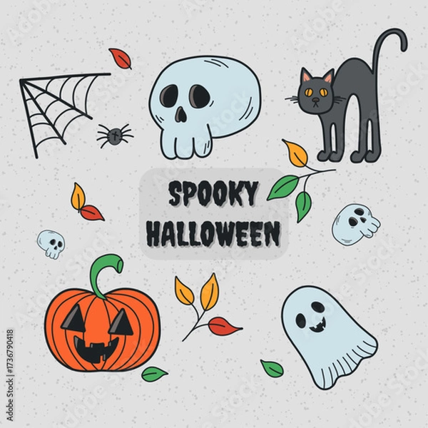 Fototapeta Happy Halloween element set, background vector. Cute groovy spooky ghost, pumpkin, skull, spider, web, black cat. Hand drawn adorable festival illustration in doodle style for decoration, prints. 