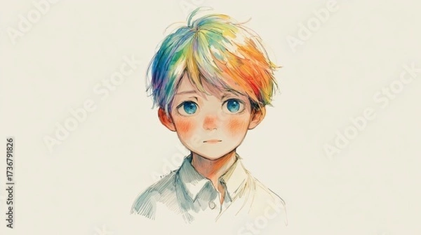 Fototapeta Portrait of a child with rainbow hair and a subtle background, suitable for social media