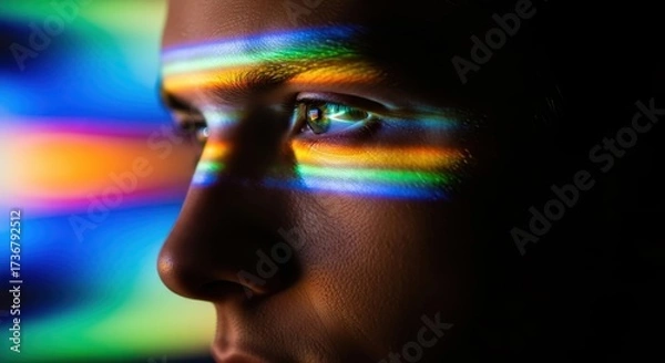 Fototapeta A close up of a face illuminated by colorful light stripes in a dark environment looking right