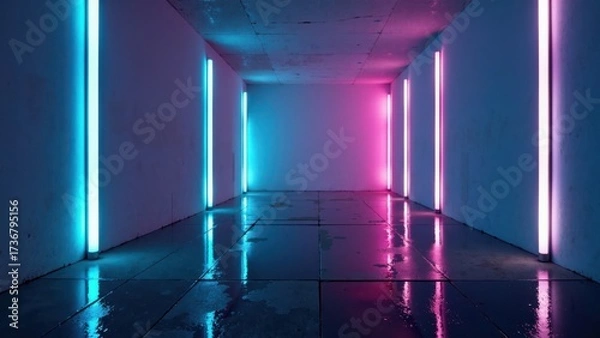 Fototapeta Futuristic neon-lit corridor with vibrant blue and pink glowing panels creating dramatic perspective. Sci-fi inspired tunnel with reflective floor and symmetrical design, for modern tech content.
