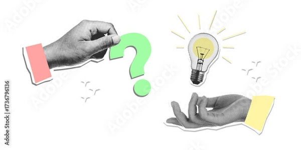 Obraz Halftone hands with a question mark and light bulb idea. Modern photo collage retro style. transparent white background.