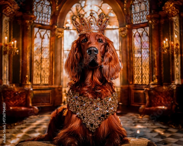 Obraz AI made Irish setter dog with crown and jewelry in a thronehall