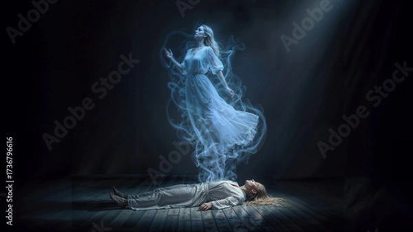 Fototapeta Ethereal soul departing body in near-death experience with luminous spirit form ascending through mystical light in transcendent spiritual moment