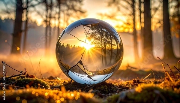 Obraz Lens Sphere Capturing Sunset Forest Landscape with Bright Sunlight