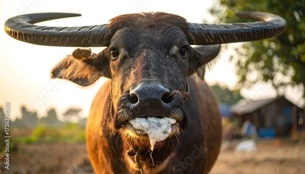 Obraz Close-up of a water buffalo with large horns,  looking directly at the camera, with its mouth slightly open, displaying a curious expression.
