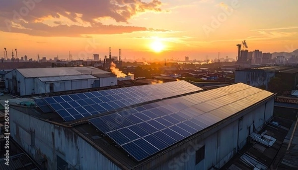 Obraz Solar panels installed on industrial building rooftops at sunrise, showcasing a sustainable energy solution in an urban setting.