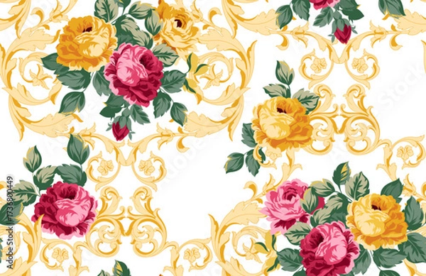 Fototapeta seamless flowers and baroque pattern. Hand draw textile pattern. 