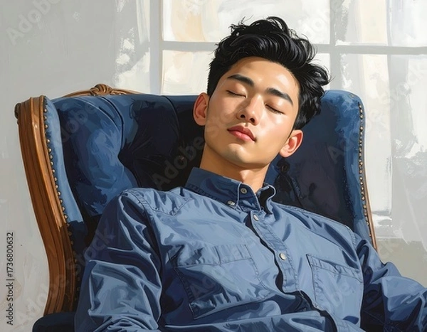 Obraz A stylish young man reclines in a luxurious antique armchair, bathed in soft sunlight, exuding a serene and peaceful mood.