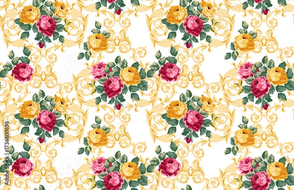 Fototapeta seamless flowers and baroque pattern. Hand draw textile pattern. 