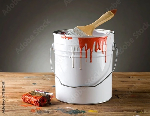 Obraz A white paint can overflows with dripping crimson paint, while a used paintbrush lies beside it on a rustic wooden table.