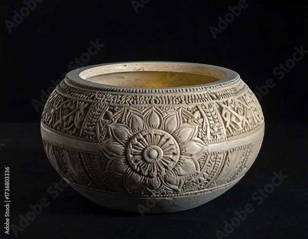 Obraz Ornate, carved decorative bowl with intricate floral and symbolic patterns, presented against a dark background.