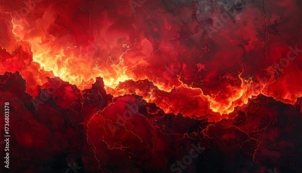 Obraz A dramatic fiery landscape, showcasing textured clouds of intense red and orange, evoking a sense of powerful energy and heat.