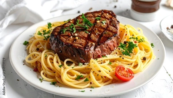 Obraz Grilled steak with spaghetti and cherry tomatoes on a white plate, showcasing a rich, savory meal.