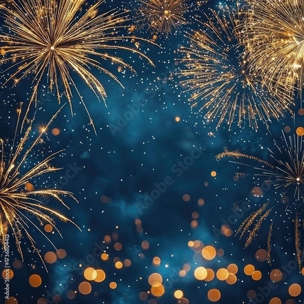 Fototapeta Golden Fireworks Exploding Over Glowing Blue Background