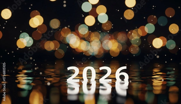Obraz Beautiful bokeh of defocused city lights reflecting the bright glowing numbers 2026 on a wet surface
