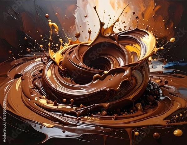 Obraz A dynamic swirl of molten chocolate, showcasing intricate textures and vibrant splashes of gold accents, creates a captivating visual.