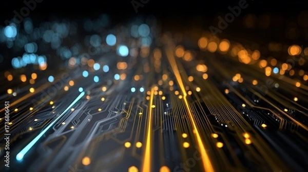 Fototapeta Futuristic circuit board with data flowing, bokeh background, used for technology visuals