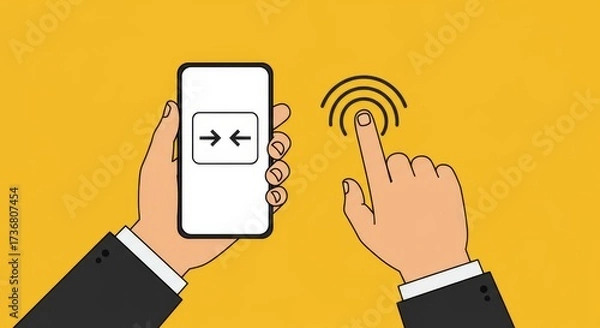 Fototapeta Flat Vector of Hand Holding Smartphone with Zoom Icon and Touch Gesture on Blank Screen