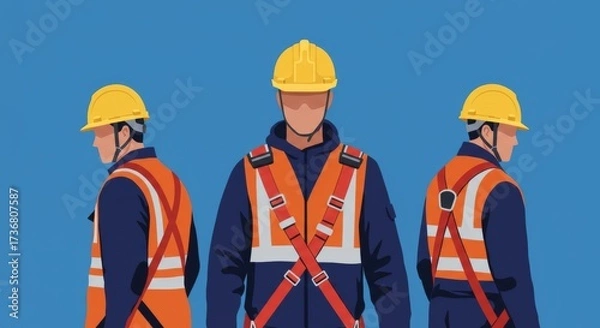 Fototapeta Construction Workers Wearing Hard Hats and Safety Harnesses Standing Together Facing Forward