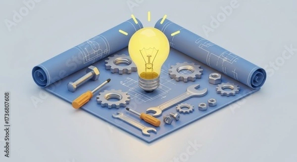 Fototapeta Isometric 3D Illustration of Engineering Idea Concept with Glowing Light Bulb, Tools, Bolts, Nuts, and Blueprint with Gears