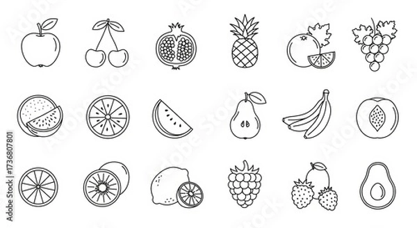 Fototapeta Icon Set of Fruits Including Apple, Cherries, Grapes, Pineapple, Watermelon, Pear, Kiwi, Lemon, Strawberry, and Avocado