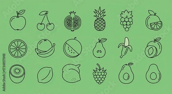 Fototapeta Icon Set of Fruits Including Apple, Cherries, Grapes, Pineapple, Watermelon, Pear, Kiwi, Lemon, Strawberry, and Avocado