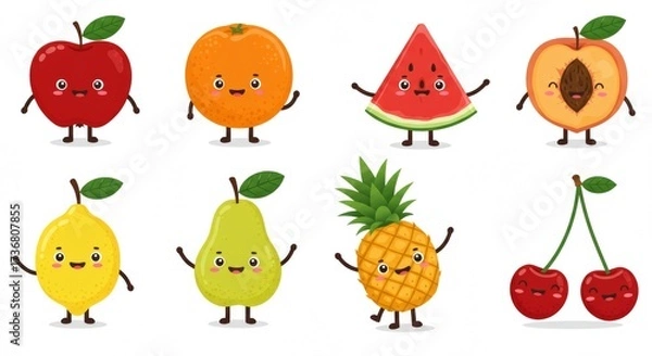 Fototapeta Fruit Characters Collection with Smiling Faces and Arms in Flat Colorful Style Isolated on White Background