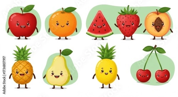 Fototapeta Fruit Characters Collection with Smiling Faces and Arms in Flat Colorful Style Isolated on White Background