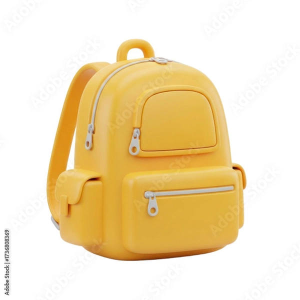 Fototapeta Vibrant Yellow 3D Rendered Minimalist School Backpack with Zippers and Pockets, Isolated on Transparent Background for Education, Travel, and Fashion Themes. PNG Without Background
