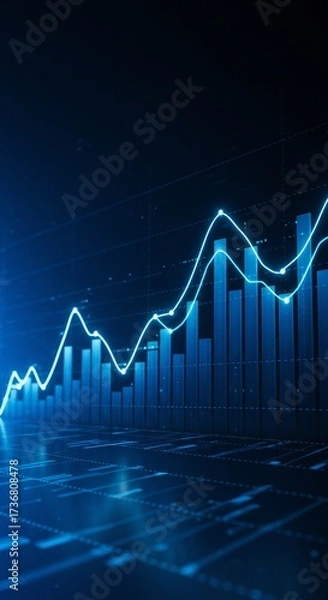 Fototapeta A digital representation of a financial graph showcasing upward trends. The scene features a series of vertical bars and a line graph against a dark background.