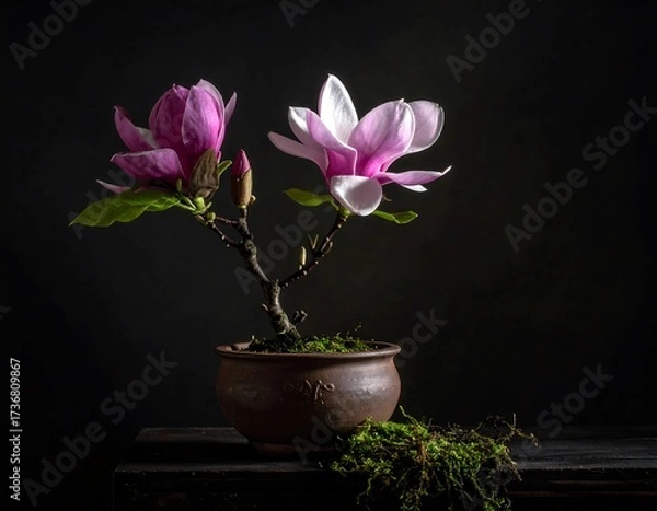 Fototapeta A captivating bonsai magnolia with vibrant pink and white blossoms stands elegantly against a dark backdrop, showcasing the delicate beauty of springtime.