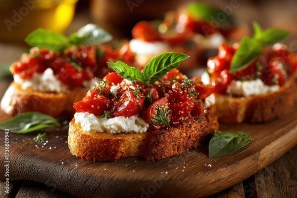 Obraz Homemade Italian bruschetta appetizer featuring fresh tomatoes, garlic, and basil on toasted bread served on a rustic wooden board