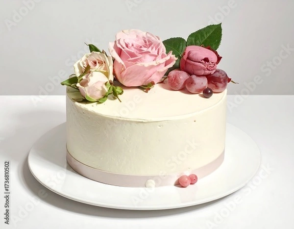 Obraz A delicate, white cake adorned with pastel pink roses, grapes, and macarons sits beautifully on a pristine white plate.