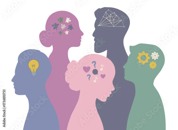 Fototapeta Group of silhouettes people with different ideas and thoughts in heads. Concept of business , insight, reflection, communication