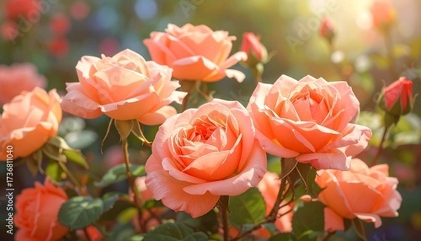 Fototapeta A vibrant garden display of peach-colored roses, bathed in warm sunlight.