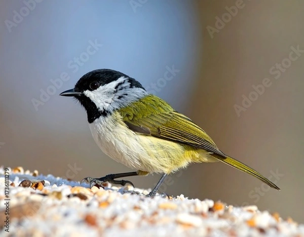Obraz Close-up of a colorful bird with black, white, and yellow-green plumage, perched on a surface covered with seeds.