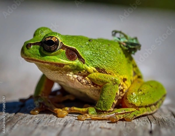 Obraz Close-up view of a vibrant green frog with subtle yellow accents, perched on a weathered wooden surface.