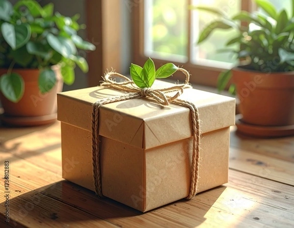 Obraz A simple, kraft paper gift box tied with natural twine and adorned with fresh greenery sits on a wooden table, bathed in sunlight.