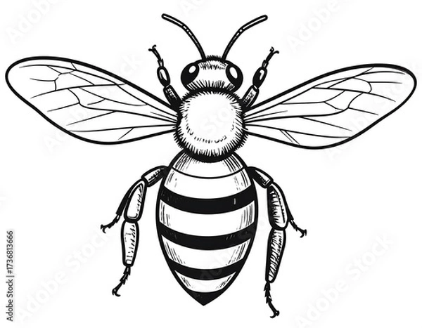 Obraz Detailed illustration of a honeybee, showcasing its intricate design and delicate wings, presented in a classic black and white style.