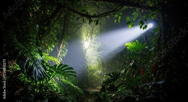 Fototapeta Mystical jungle landscape bathed in ethereal light creates a sense of wonder and adventure