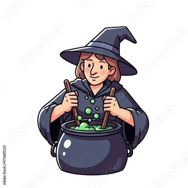 Fototapeta Friendly Cartoon Witch Stirring Bubbling Green Potion in a Cauldron for Halloween Illustration. Transparent Object PNG