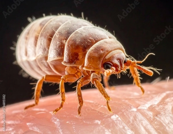 Fototapeta Close-up view of a bed bug on human skin, showcasing intricate details and textures of its segmented body and legs.