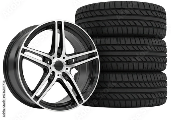 Fototapeta Car alloy wheel and stack of tires isolated on transparent background
