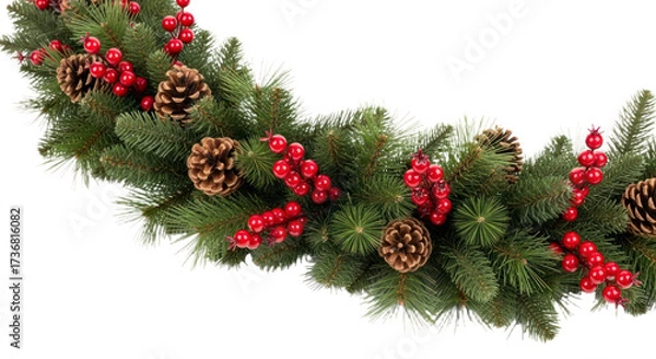 Obraz Curved Christmas Garland with Pine Cones, Red Holly Berries, and Evergreen Branches, Ideal for Festive Holiday Decorations on a Transparent Background. PNG Isolated Transparent
